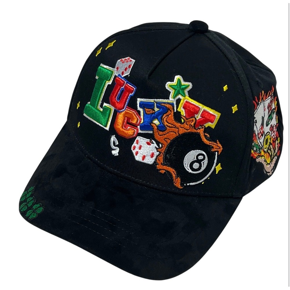 PH Patron Lucky Gambling Snapback Hat Black 8-Ball‎ Dice Casino Satin Lined Cap